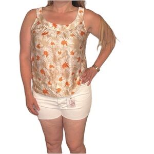 ST JOHN Sleeveless Silk Cream Orange Floral Blouse Tank Shirt Top Shell Luxury L